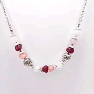Pink White Beaded Necklace 18-21in Silver‎